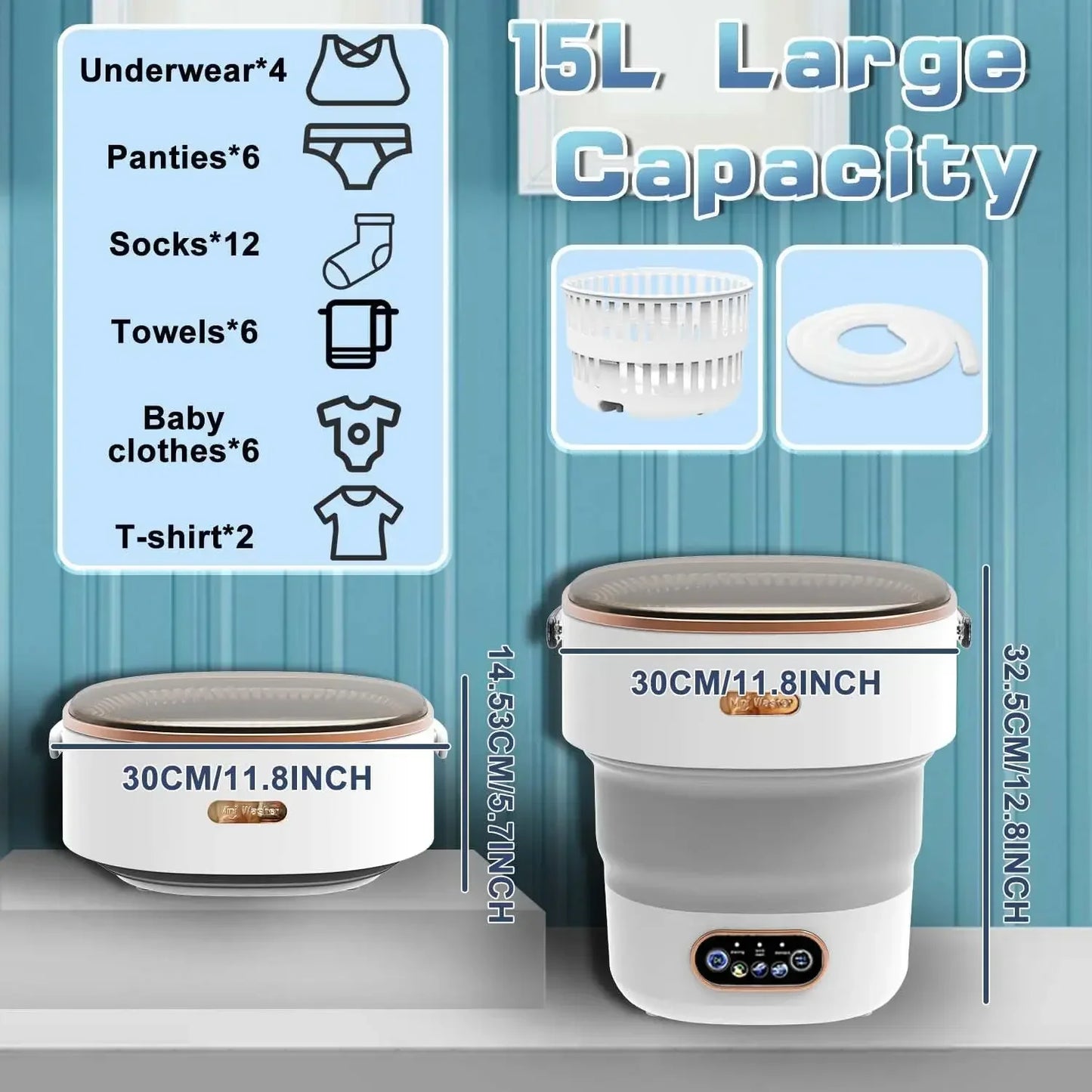 15L Portable Collapsible Washing & Spin Dryer Machine