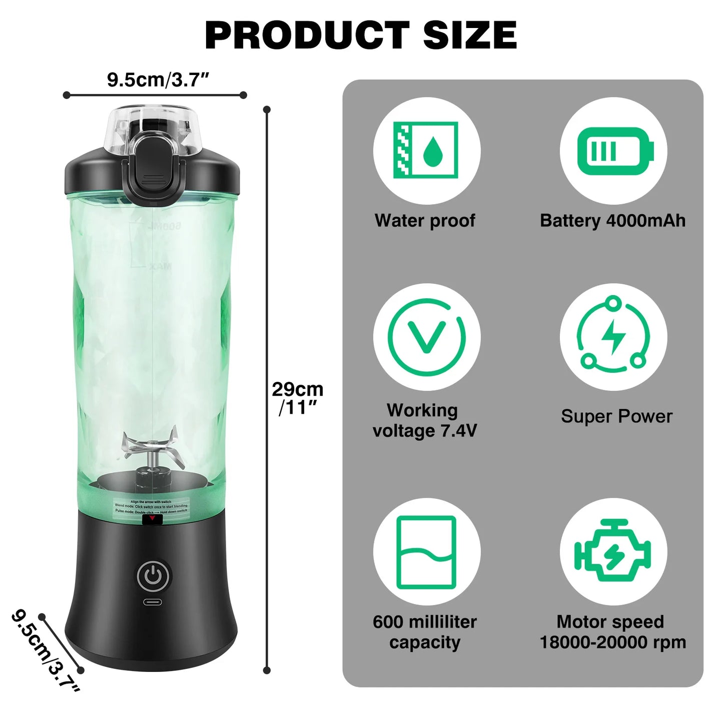 2 In 1 Portable Blender 600ML Electric Juicer Fruit Mixers