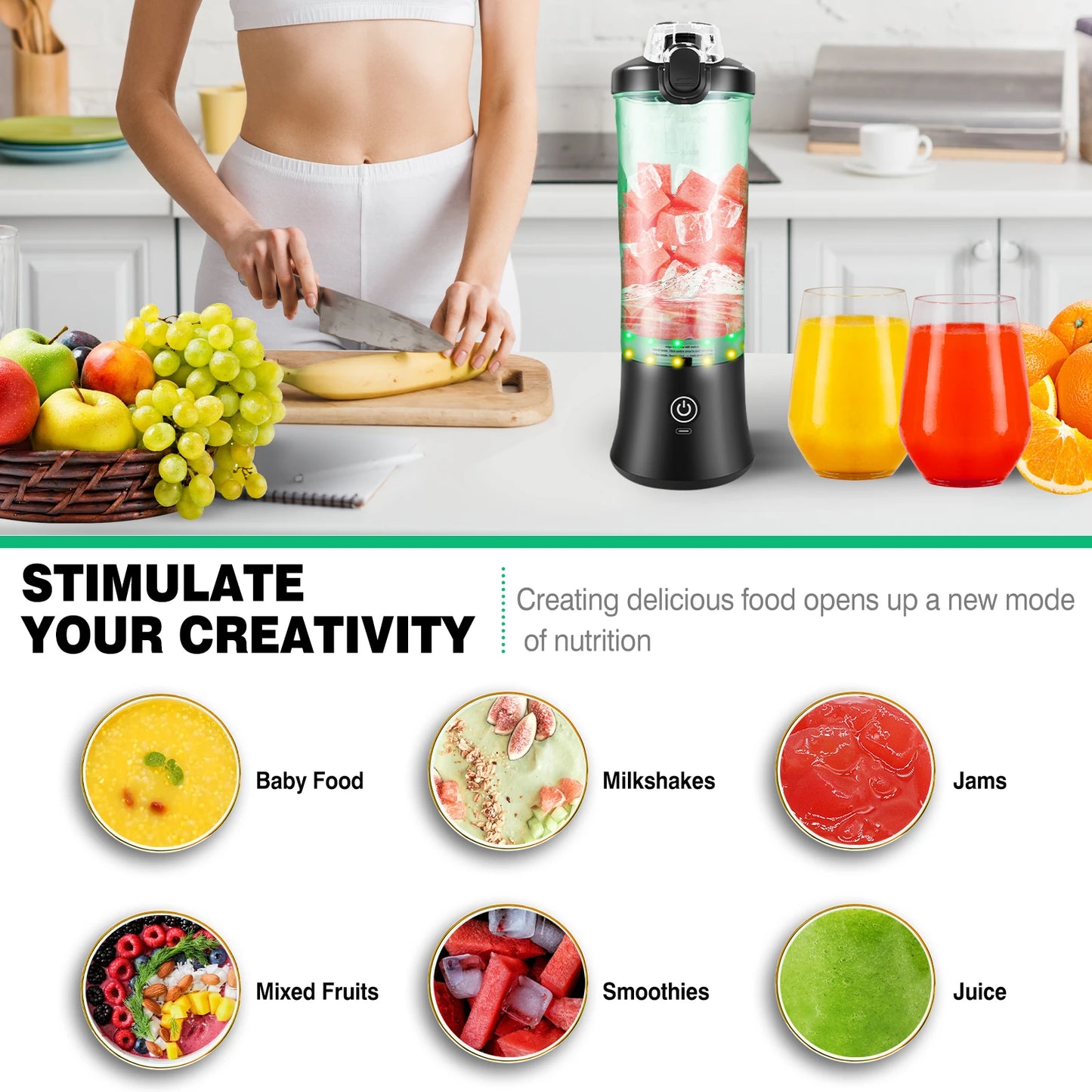 2 In 1 Portable Blender 600ML Electric Juicer Fruit Mixers