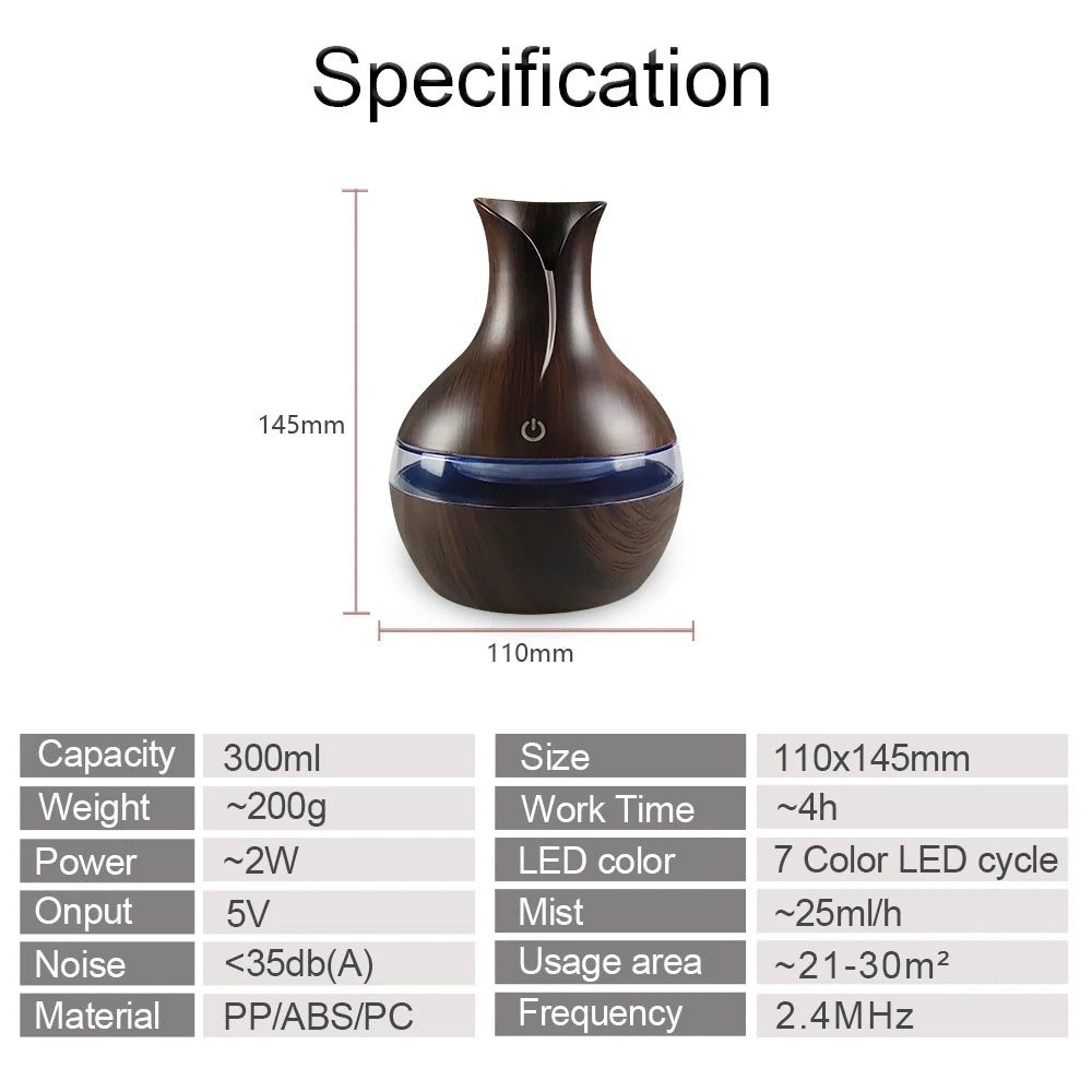 300ml Air Humidifier & 7-Color LED Aromatherapy Diffuser