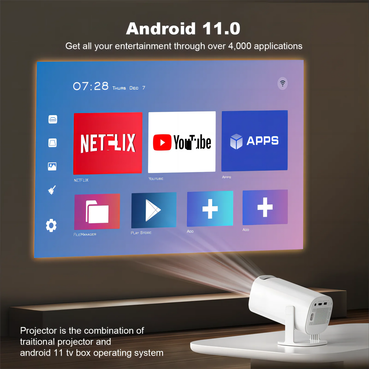Android 11 WiFi 6 Bluetooth Mini Portable Projector
